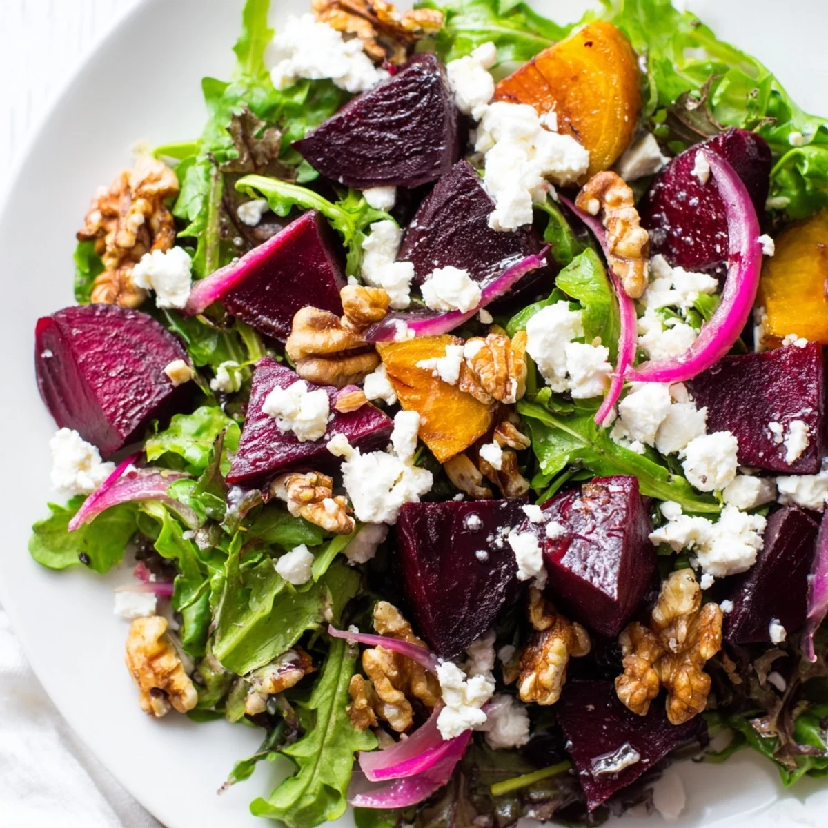 Roasted Beet Salad with Goat Cheese Crumbles arranged on greens with red onion slices and toasted walnuts.