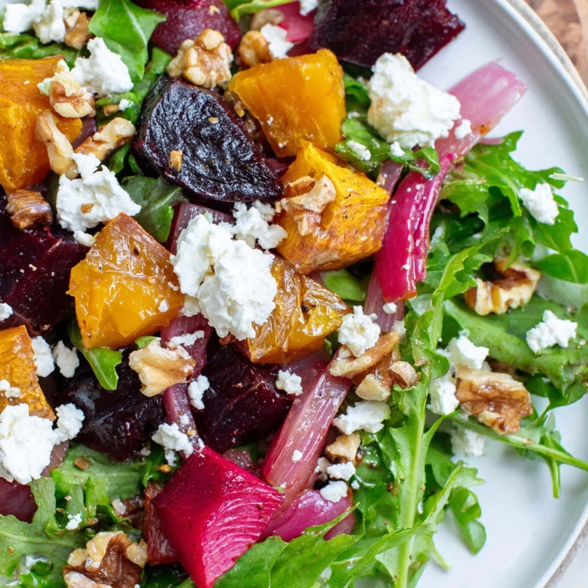 Freshly roasted beet wedges and creamy goat cheese crumbles on a bed of arugula.