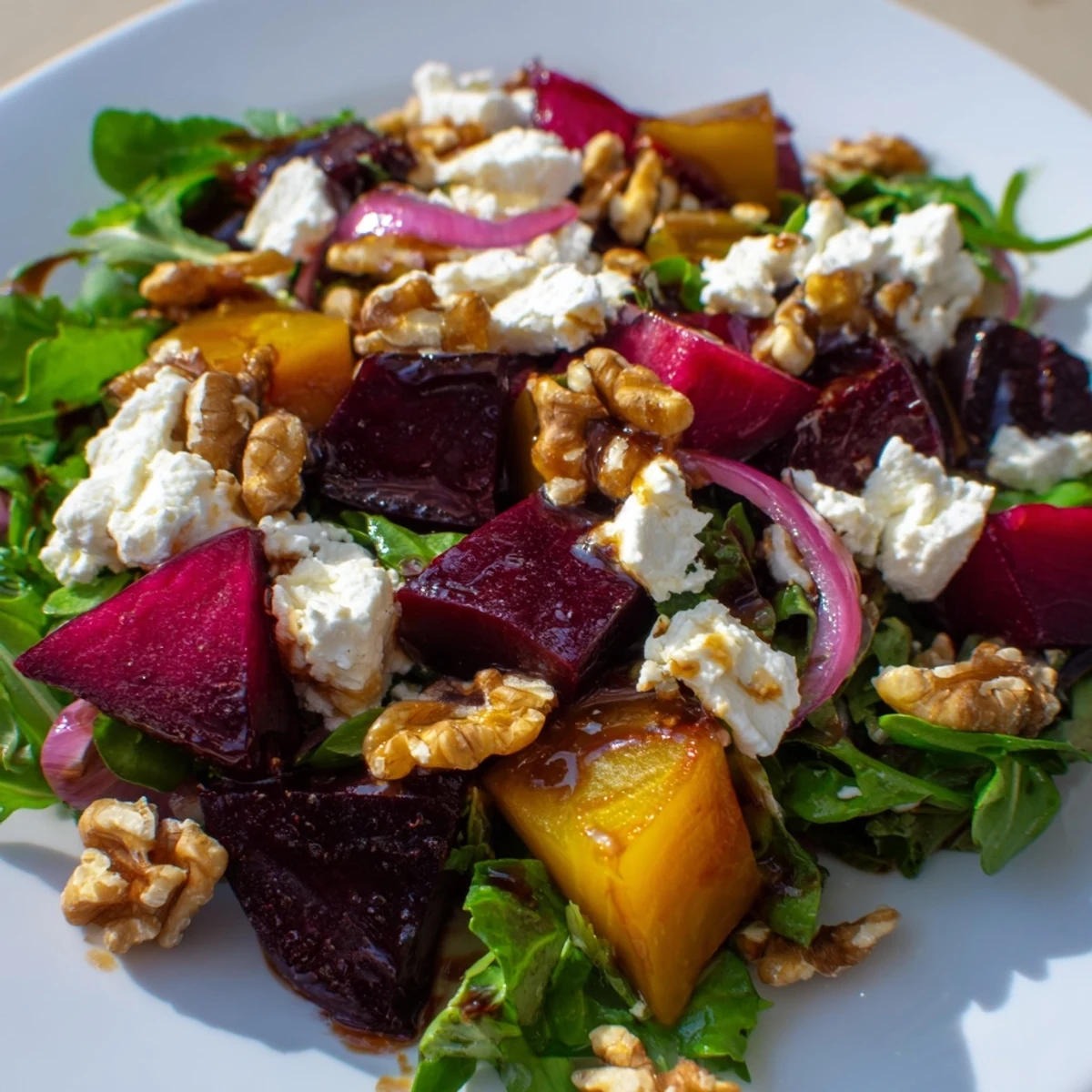 Roasted Beet Salad with Goat Cheese Crumbles served with walnuts and tangy balsamic vinaigrette.