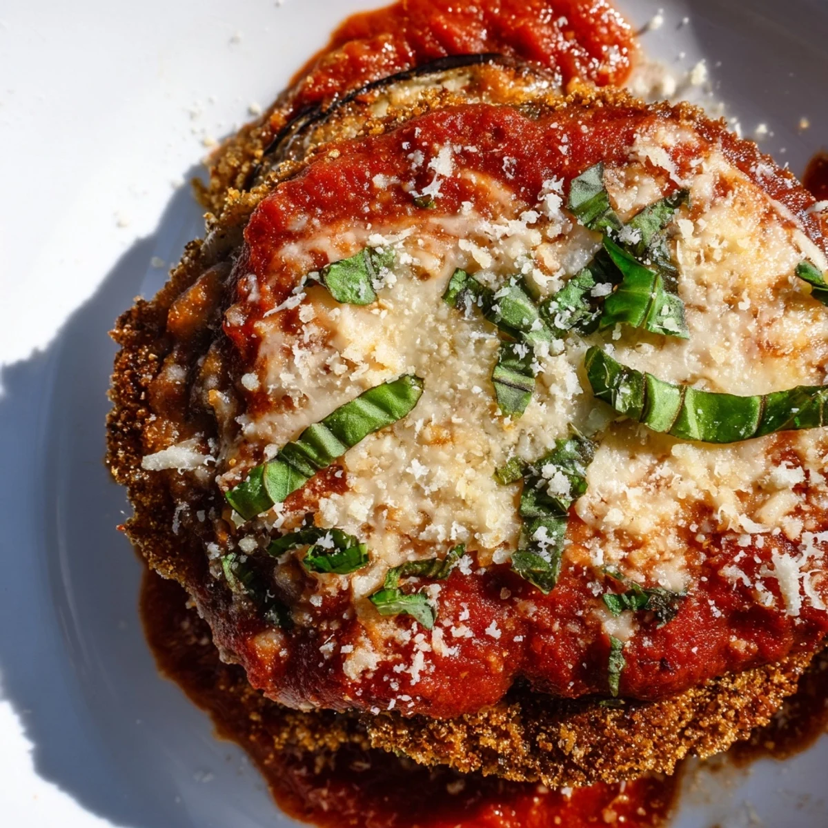 Golden, crispy baked eggplant parmesan slices layered with marinara and melted mozzarella in a dish.
