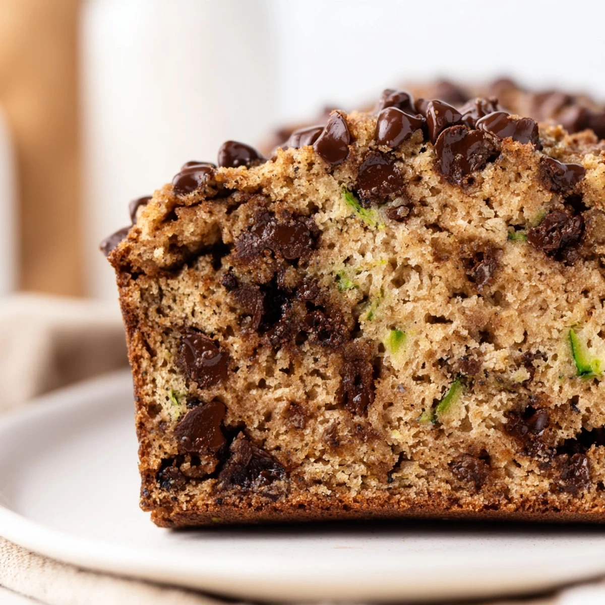 Warm slice of Chocolate Chip Zucchini Bread showing flecks of zucchini, paired with a glass of milk for breakfast.
