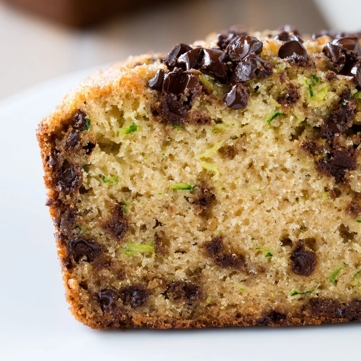 Freshly baked Chocolate Chip Zucchini Bread with cinnamon, melted chocolate chips, and a tender crumb on a wooden cutting board.