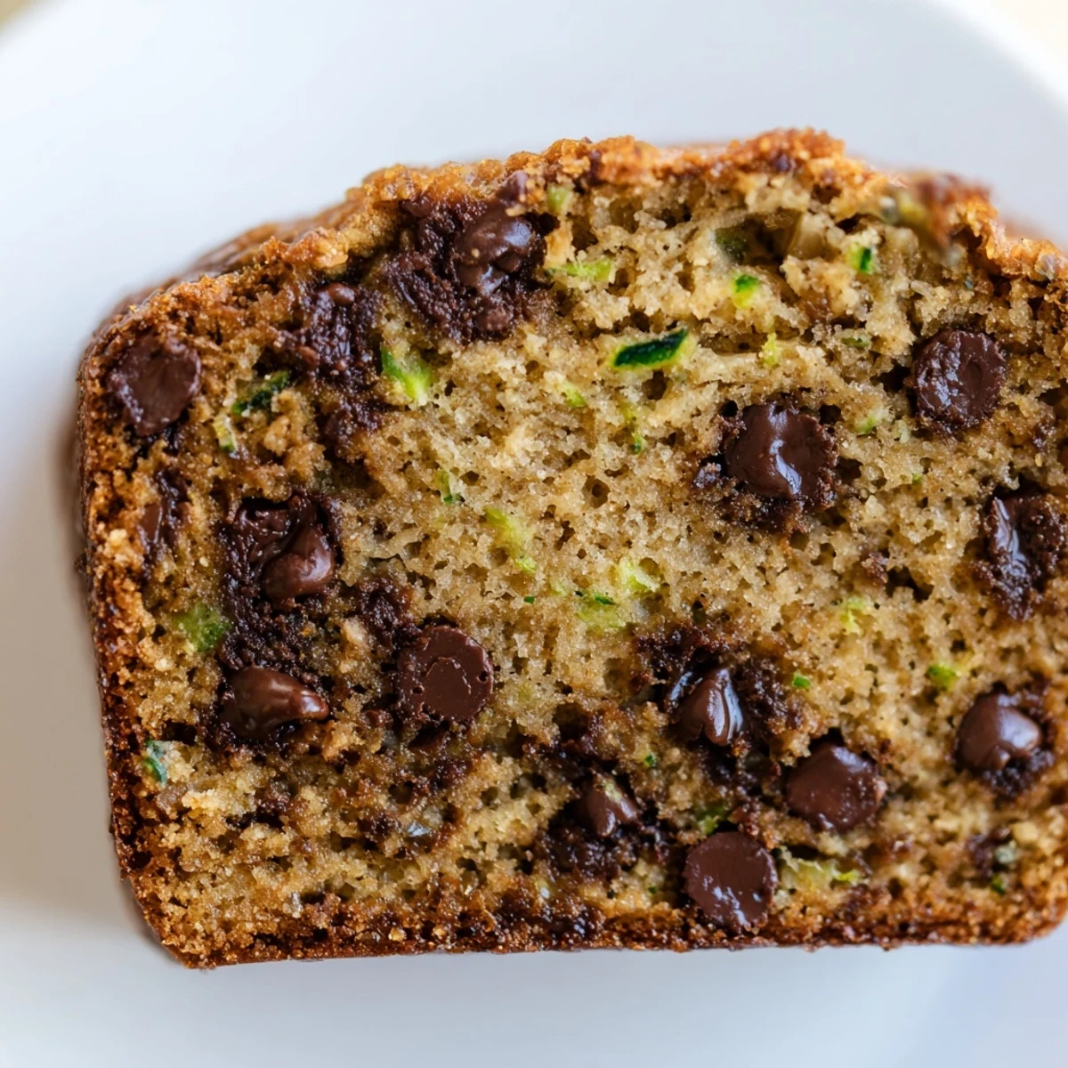 A golden loaf of Chocolate Chip Zucchini Bread dusted with cinnamon sugar, ready to slice and serve for snacking.
