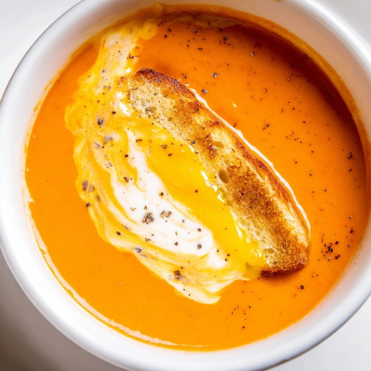 Steaming bowl of Creamy Tomato Soup with Grilled Cheese Dippers, the grilled bread golden and ready to dip.