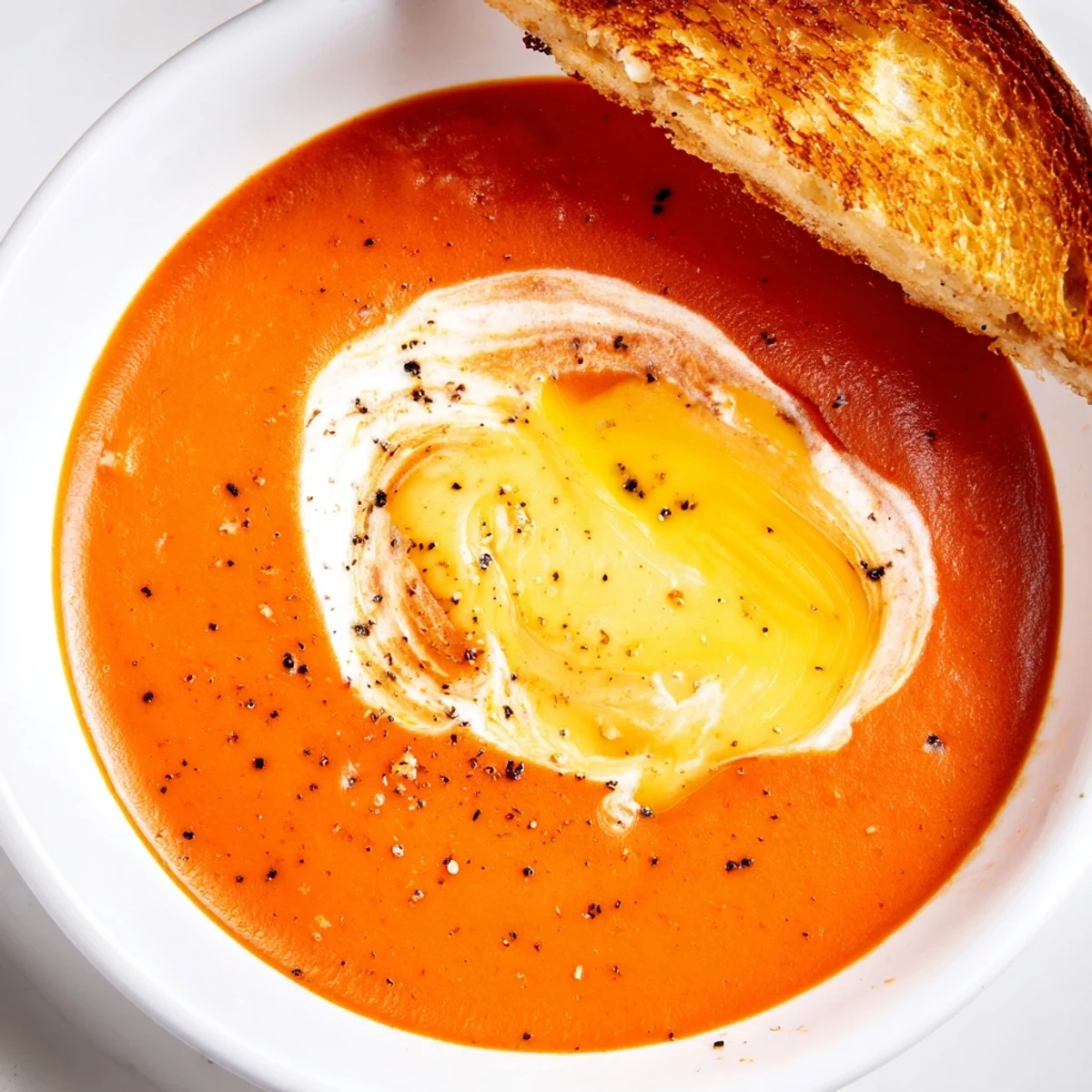 Spoon dipping into velvety Creamy Tomato Soup with Grilled Cheese Dippers, melty cheese strips on the side.