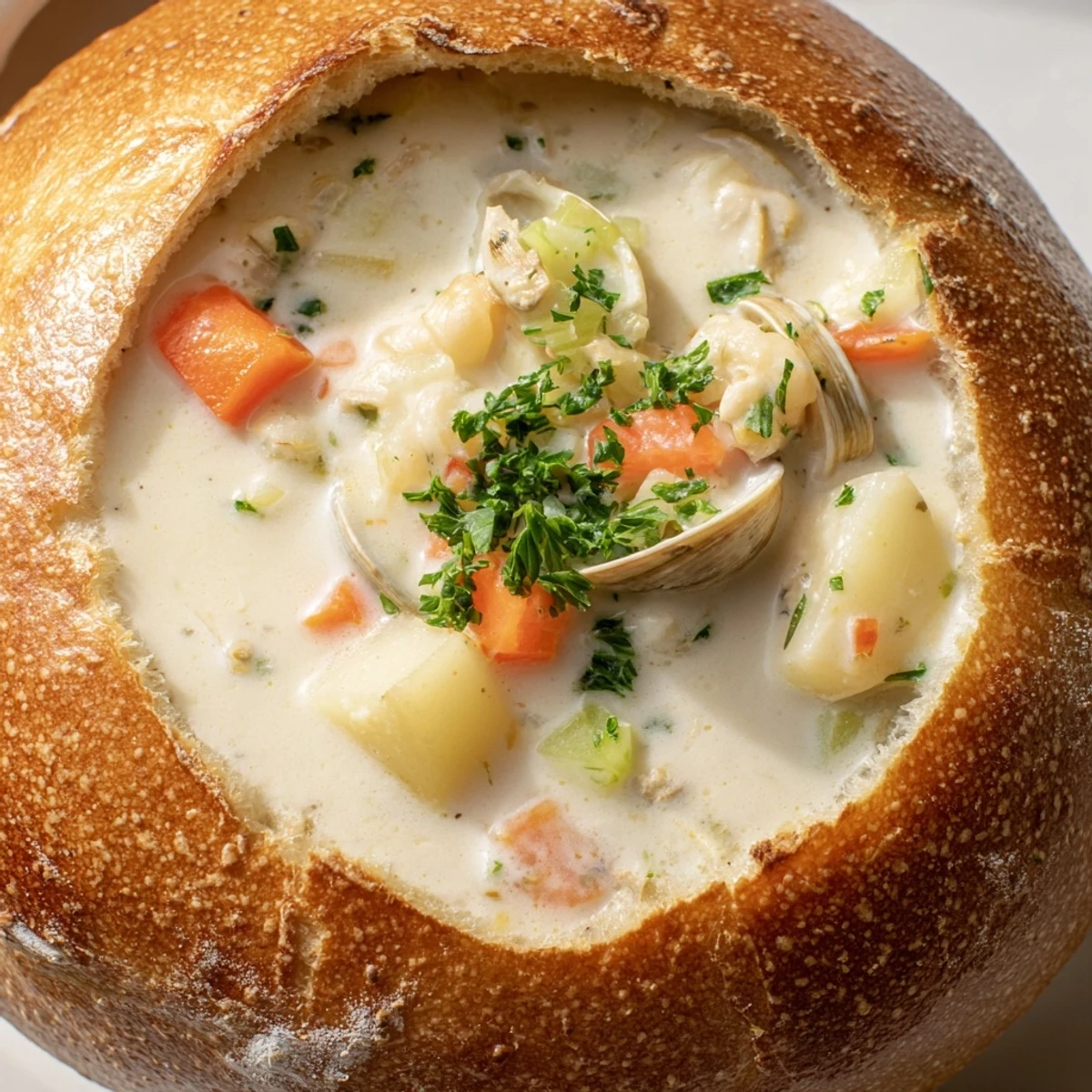 A bowl of Creamy Clam Chowder in Sourdough Bread Bowl with tender clams and diced potatoes