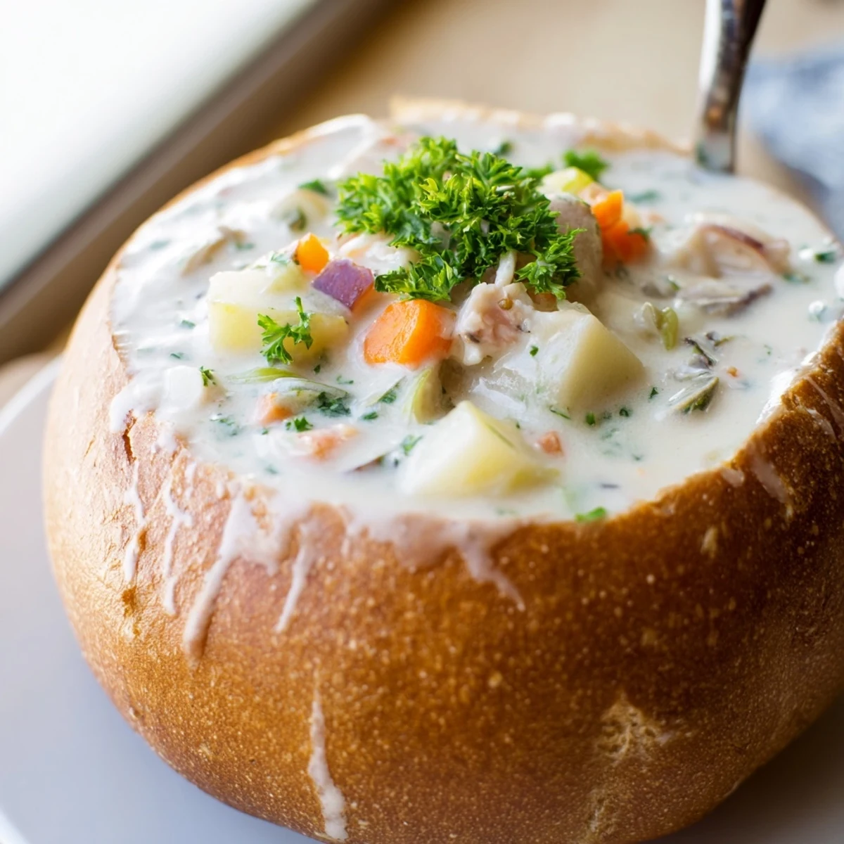 Creamy Clam Chowder in Sourdough Bread Bowl served hot and steaming in a hollowed-out crusty loaf