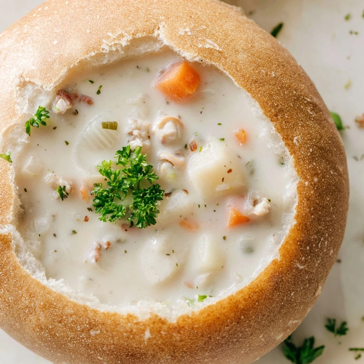 Creamy Clam Chowder in Sourdough Bread Bowl paired with a gold spoon on a rustic wooden table