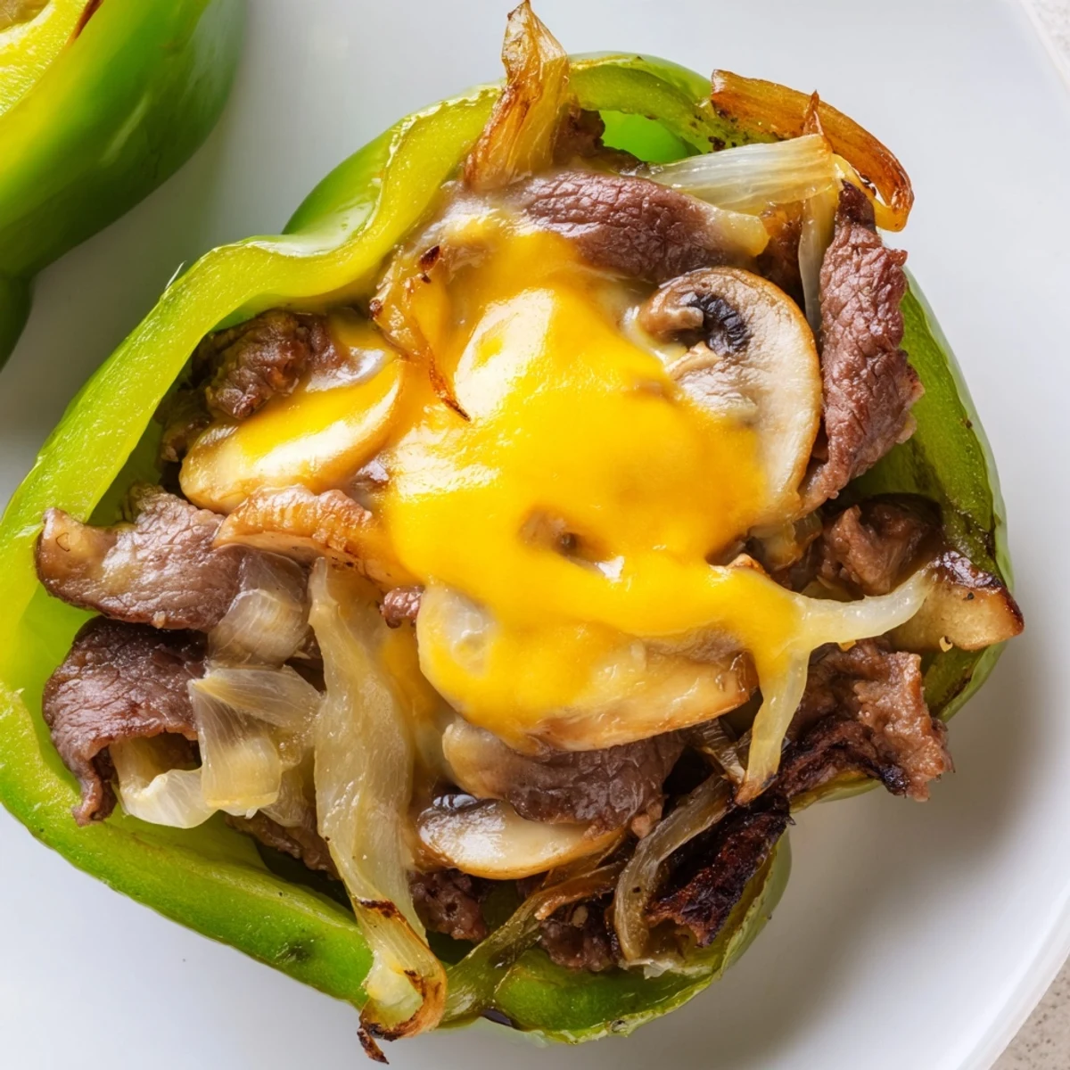 Beef Philly Cheesesteak Stuffed Peppers filled with savory beef and onions, topped with melted provolone and served hot.