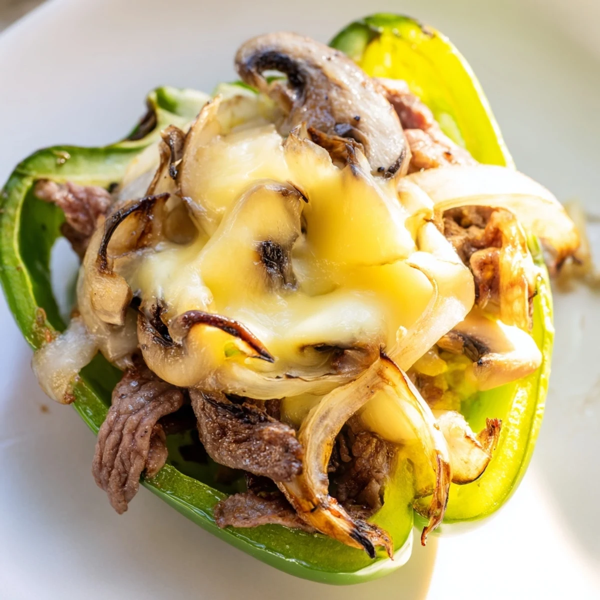 Tender green bell peppers holding a warm, juicy beef Philly cheesesteak filling with gooey provolone cheese.