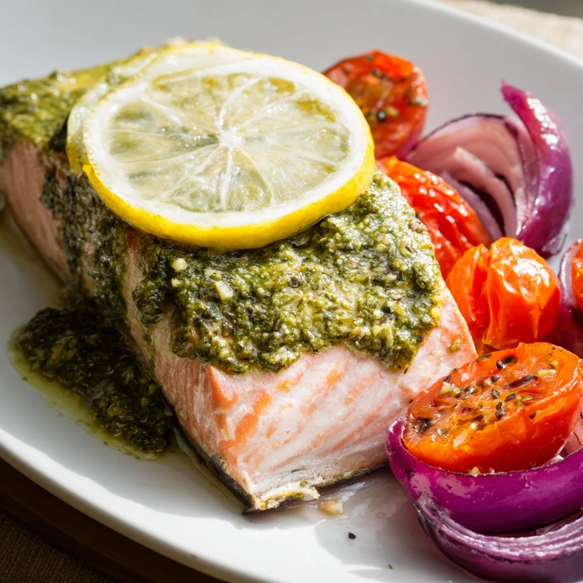 Golden-baked salmon fillets coated in pesto, paired with blistered cherry tomatoes and lemon slices on a rustic tray.