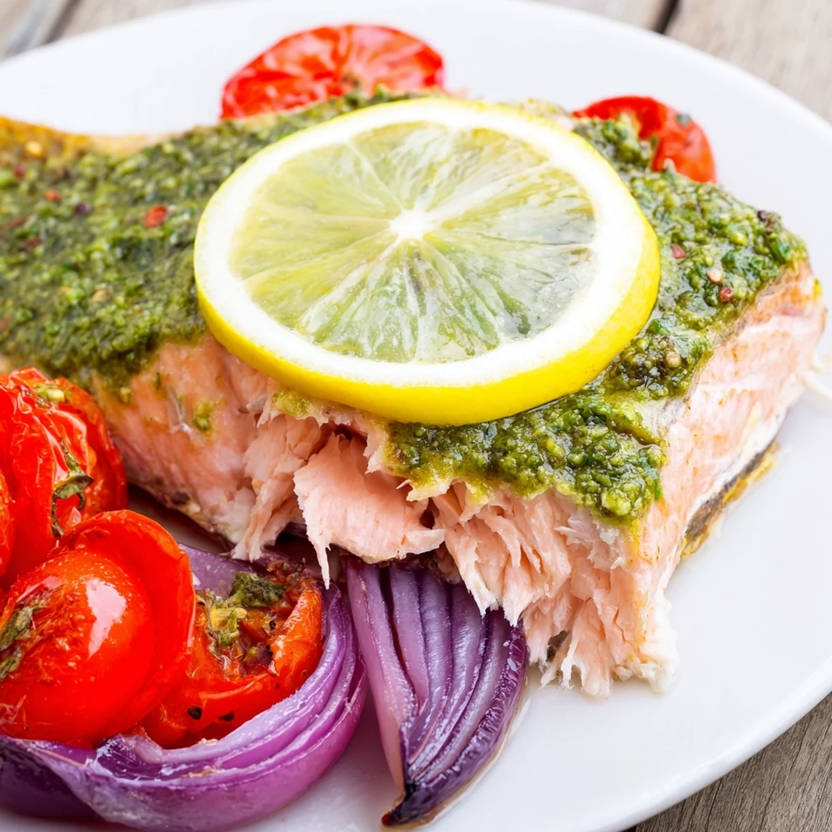 Roasted Mediterranean Baked Salmon with Pesto and Cherry Tomatoes served alongside red onions, perfect for low carb meal prep.