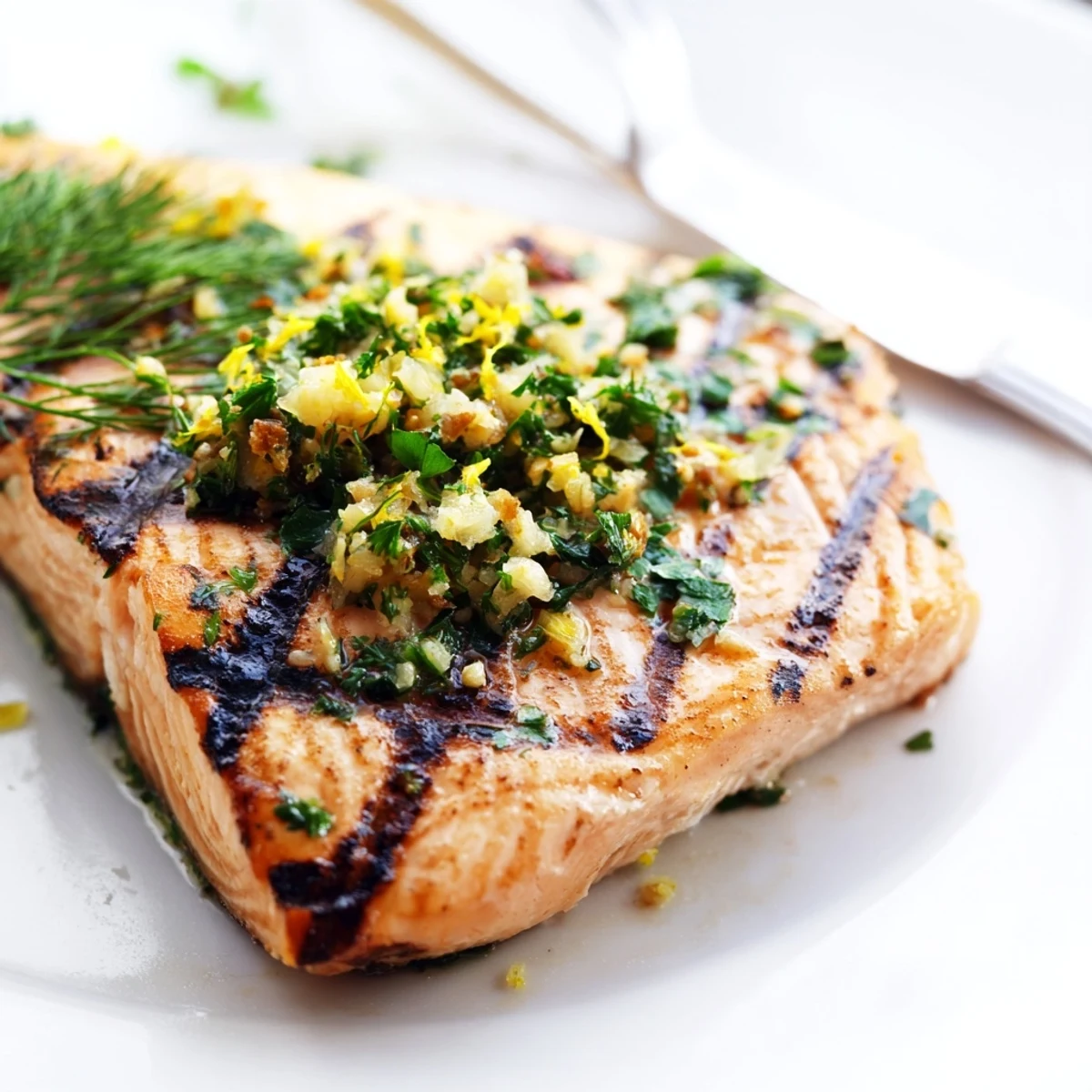 Golden-brown Lemon Herb Grilled Salmon Fillet fresh off the grill, topped with vibrant green herbs and lemon wedges.