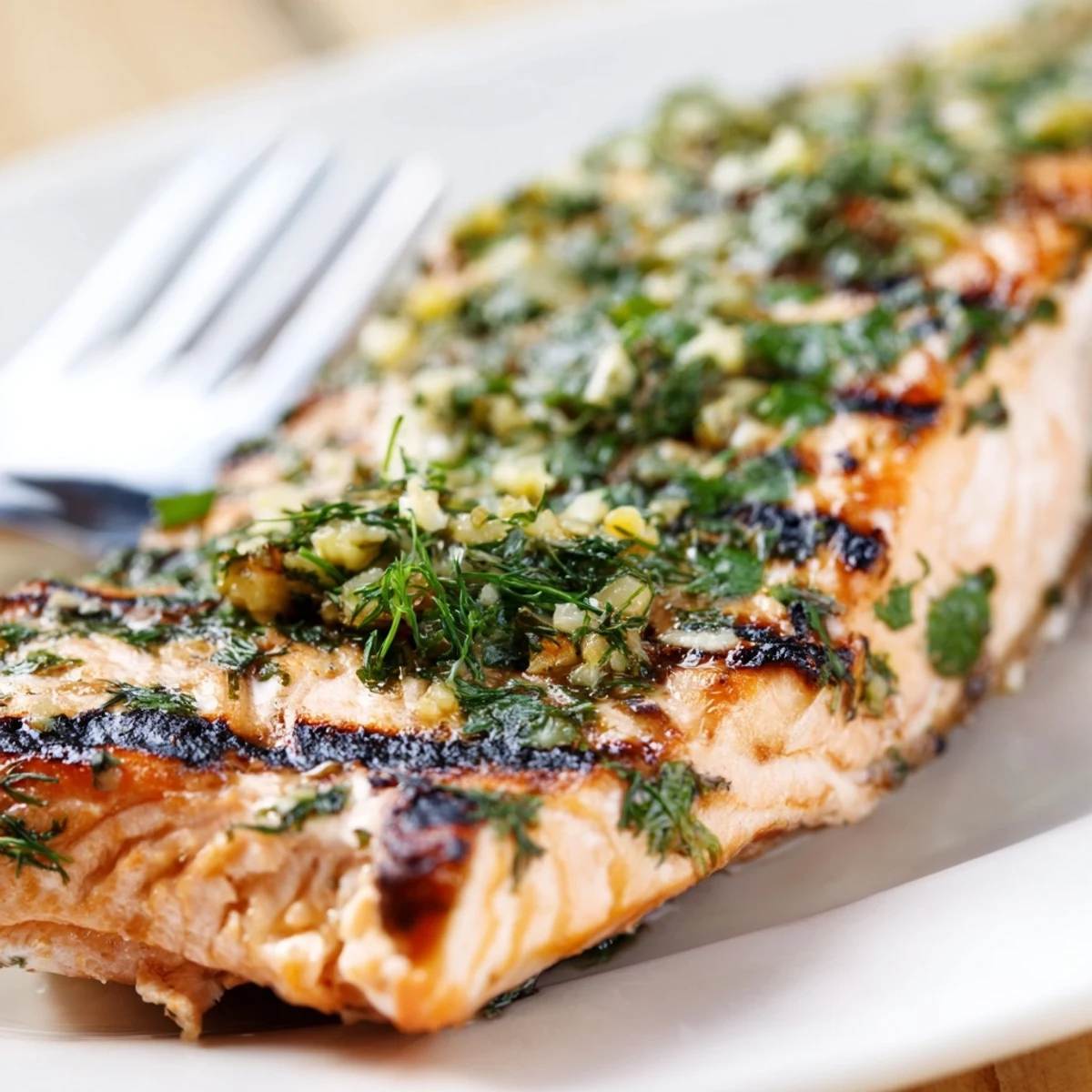 Citrus-herb marinated Lemon Herb Grilled Salmon Fillet with crispy skin, ready to serve for a healthy dinner.