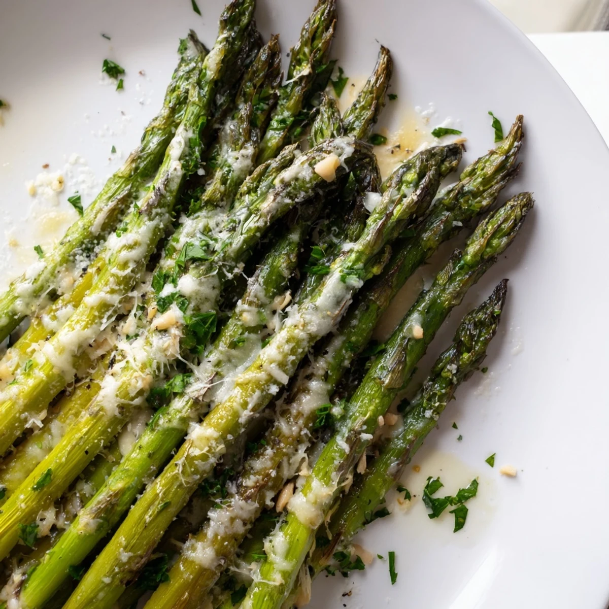 Tender green Garlic Parmesan Roasted Asparagus Spears roasted with minced garlic, golden Parmesan, and a drizzle of olive oil on a baking sheet.