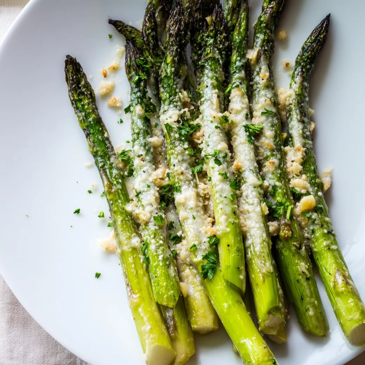 Freshly roasted Garlic Parmesan Roasted Asparagus Spears topped with melted cheese and fresh parsley, served with lemon wedges on a rustic plate.