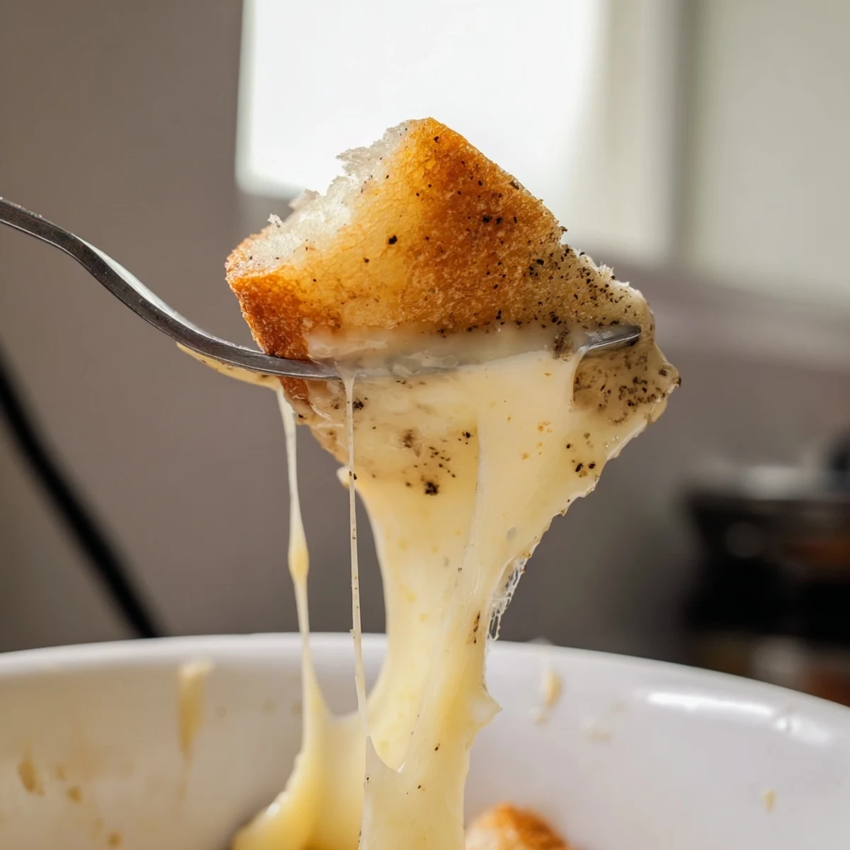 Creamy Savory Cheese Fondue with Bread Cubes steaming in a rustic pot, ready for dipping.