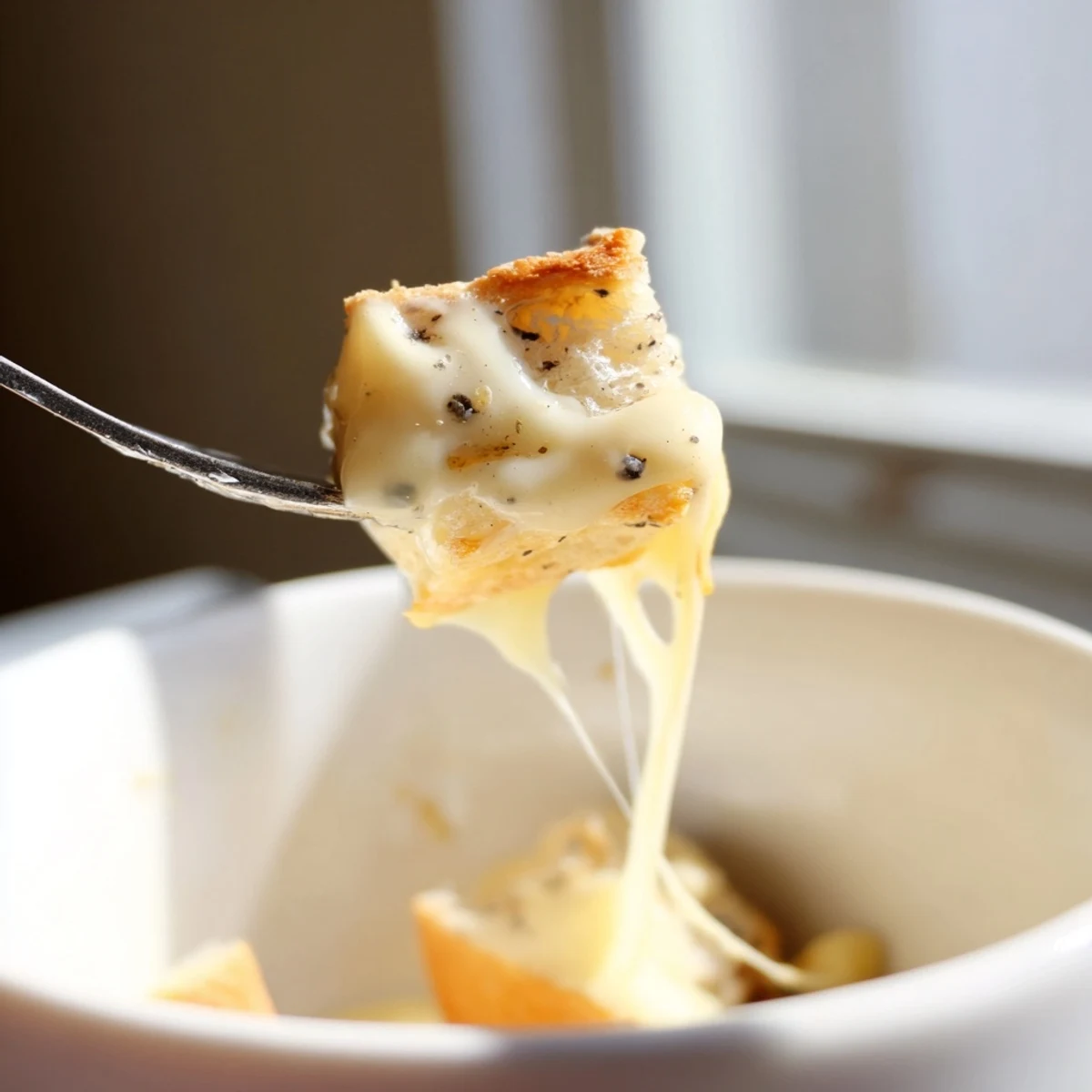 Hearty Savory Cheese Fondue with Bread Cubes served bubbling, paired with fresh veggies for dipping.