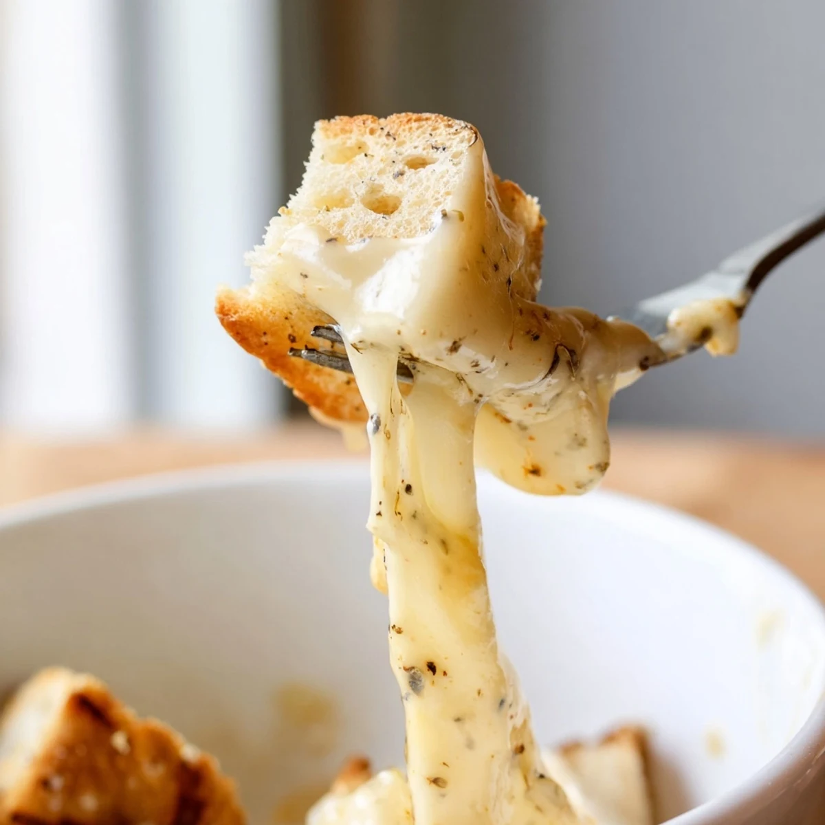 Golden Savory Cheese Fondue with Bread Cubes enjoyed by a window on a cozy evening.