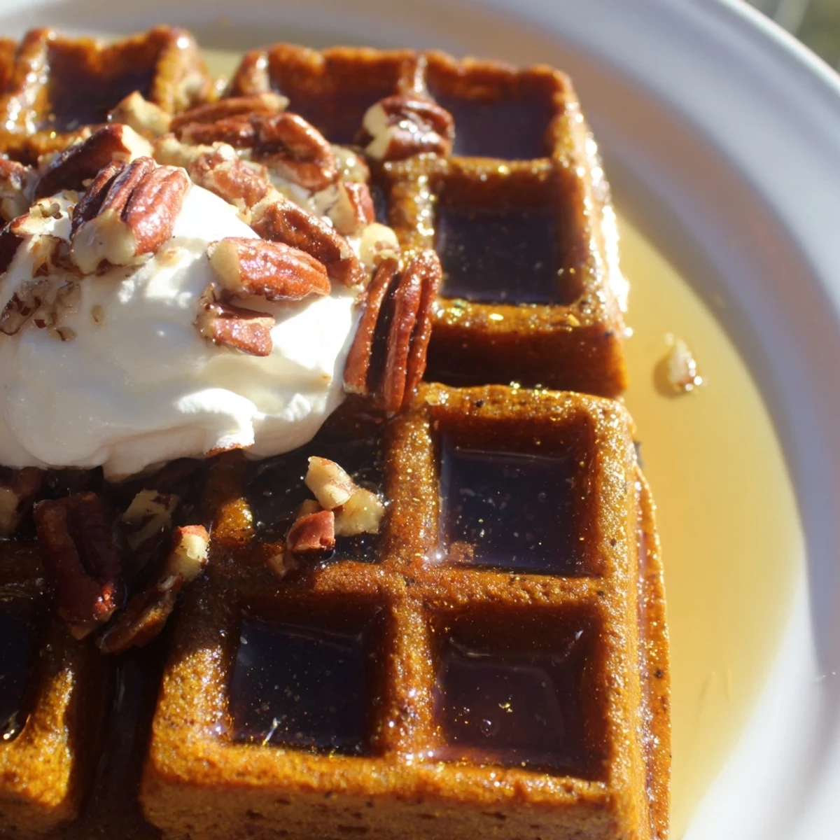 Freshly cooked Gingerbread Waffles with Maple Syrup stacked high, featuring deep brown grooves and a golden, crisp edge.
