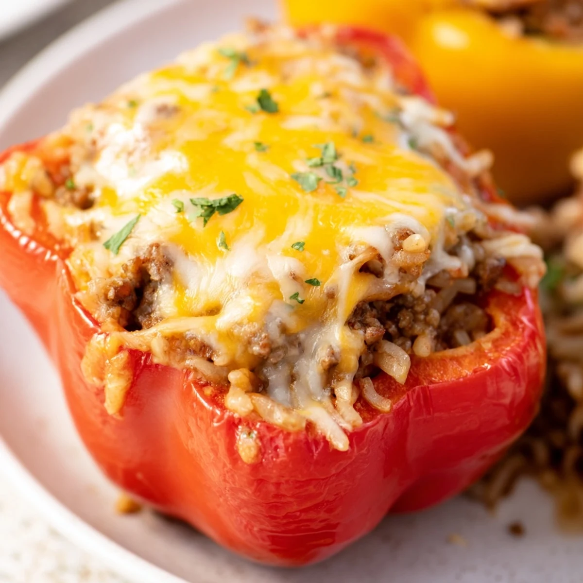 Golden baked stuffed bell peppers with beef and rice, topped with melted mozzarella cheese, served hot from the oven.