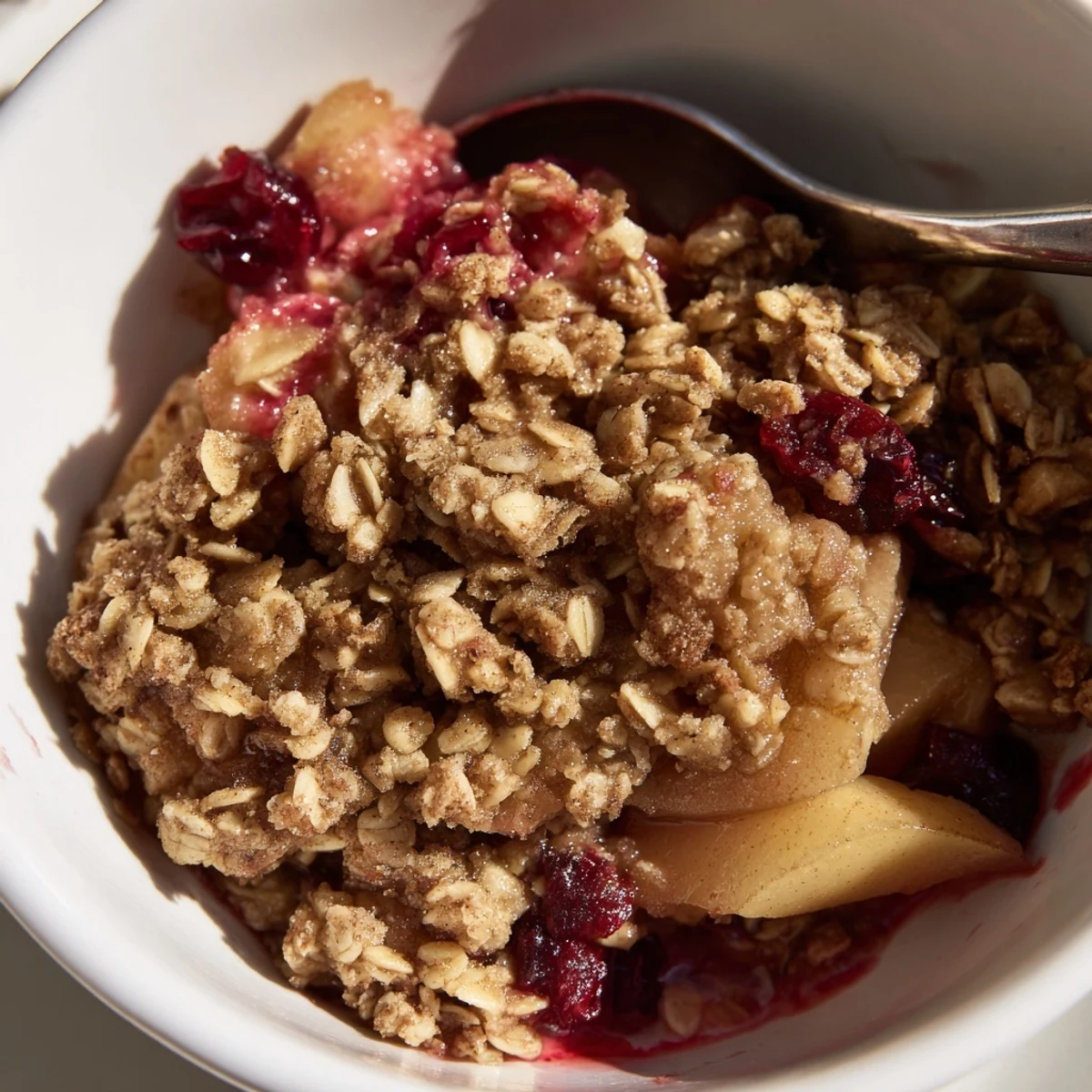 A warm serving of Spiced Pear and Cranberry Crumble topped with melting vanilla ice cream.