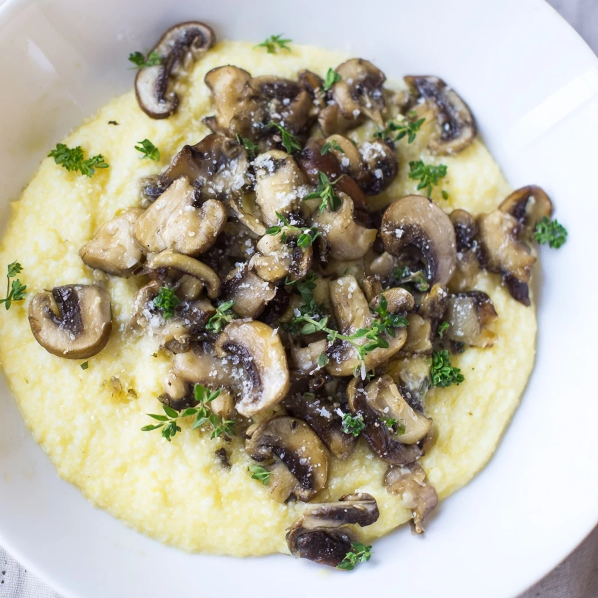 Creamy Polenta with Wild Mushrooms topped with sautéed mushrooms and fresh thyme, served in a rustic bowl.