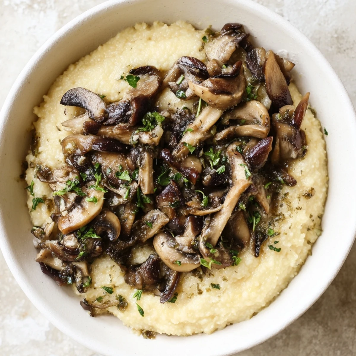 Italian-style Creamy Polenta with Wild Mushrooms finished with parsley and Parmesan, ideal for a cozy vegetarian dinner.