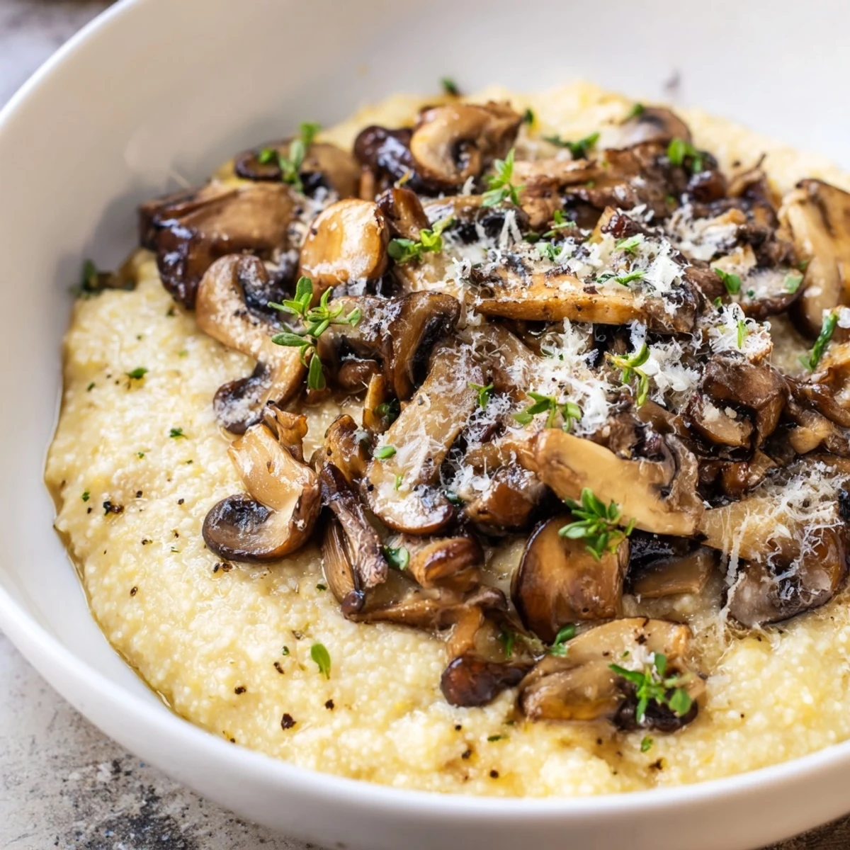 Fork-ready Creamy Polenta with Wild Mushrooms, featuring golden, garlicky mushrooms spooned over a fluffy, cheesy cornmeal base.