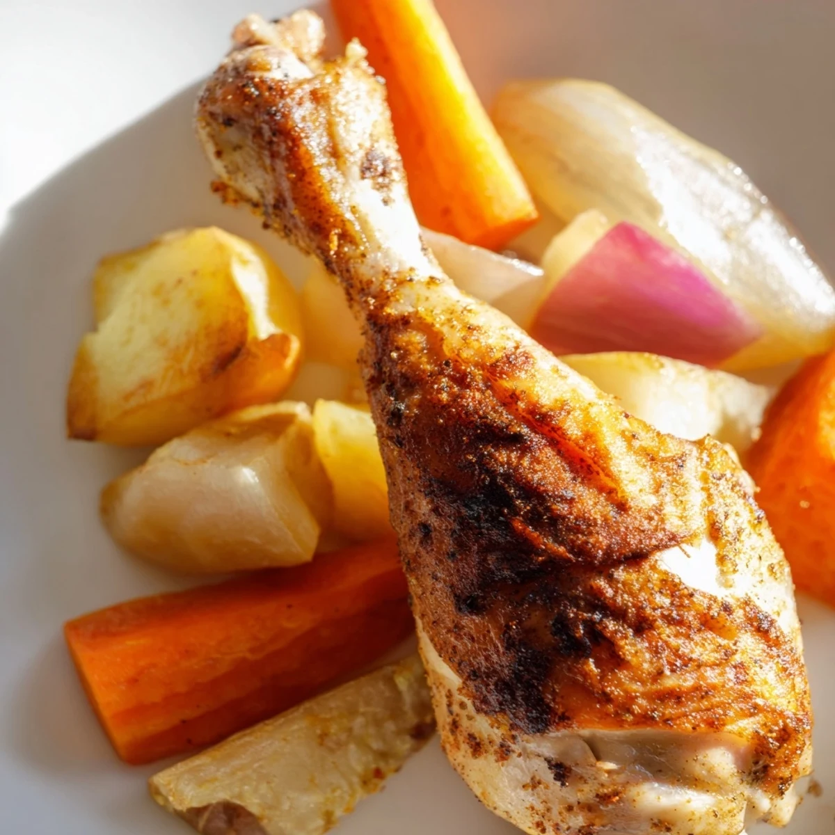 Juicy roasted chicken rests beside golden-brown carrots and potatoes in this Roasted Chicken with Root Vegetable Medley, a rustic family meal.