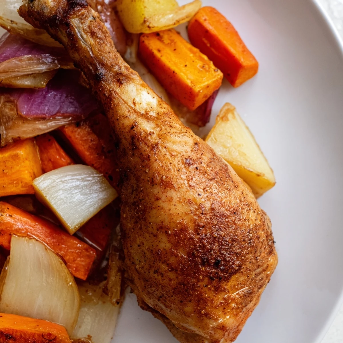 Golden roasted chicken thighs sit atop a colorful vegetable medley in this Roasted Chicken with Root Vegetable Medley, plated for dinner.