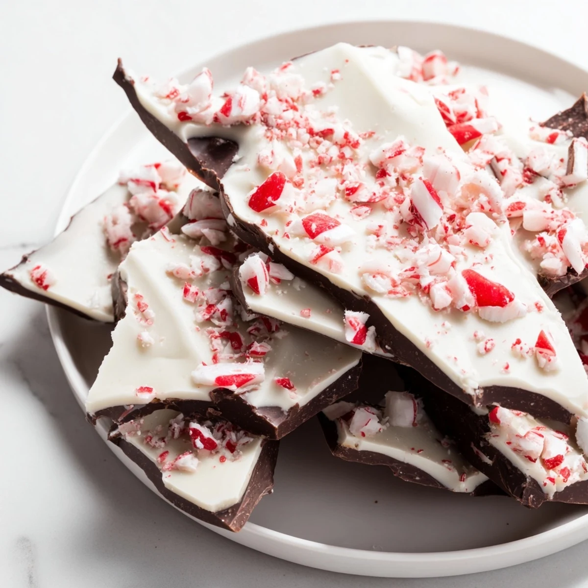 Festive Chocolate Peppermint Bark Shards are broken into irregular pieces, revealing rich dark and white chocolate layers speckled with crushed candy canes.