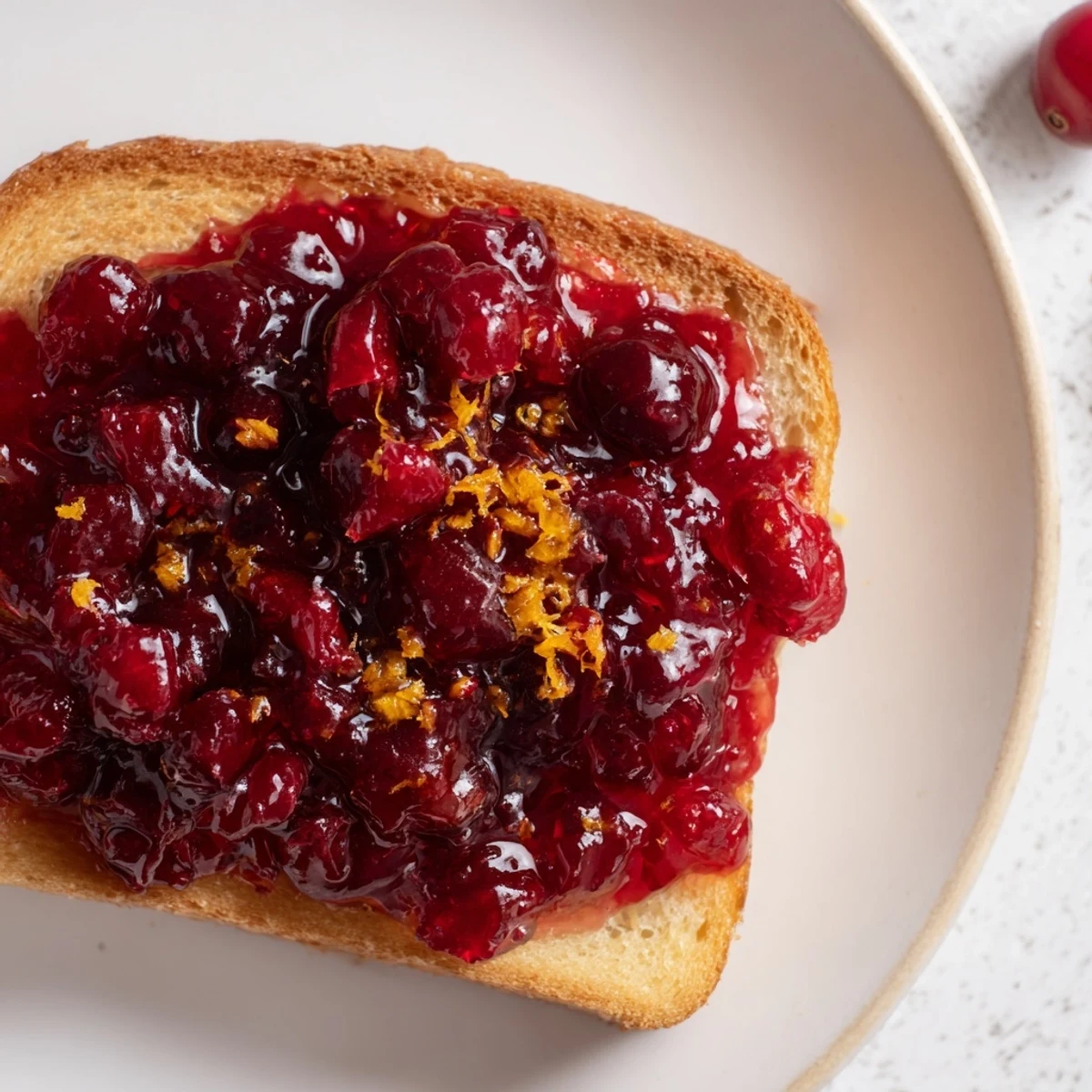 A jar of glistening homemade Cranberry Jam with Toast, its ruby-red texture dotted with bright zest beside buttery, golden slices.