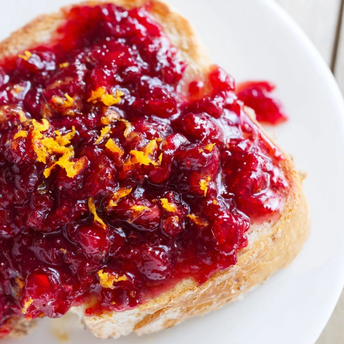 A rustic slice of toast slathered with sweet-tart Cranberry Jam, steam rising from the warm, thickly spread jam.