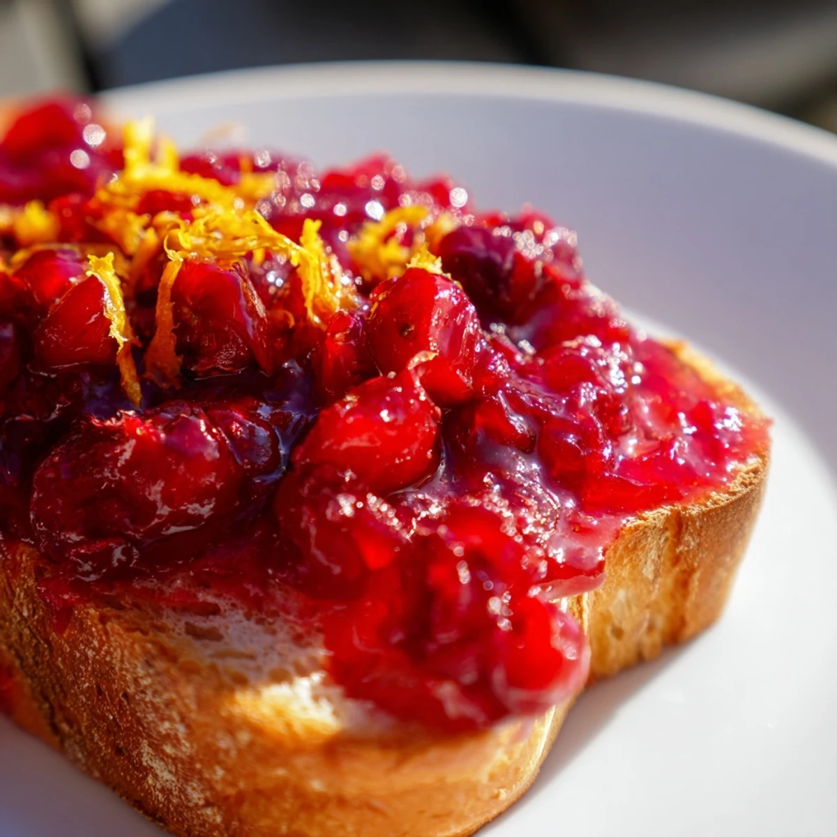 A vibrant bowl of fresh cranberries and orange zest ready for cooking, with finished Cranberry Jam with Toast nearby.