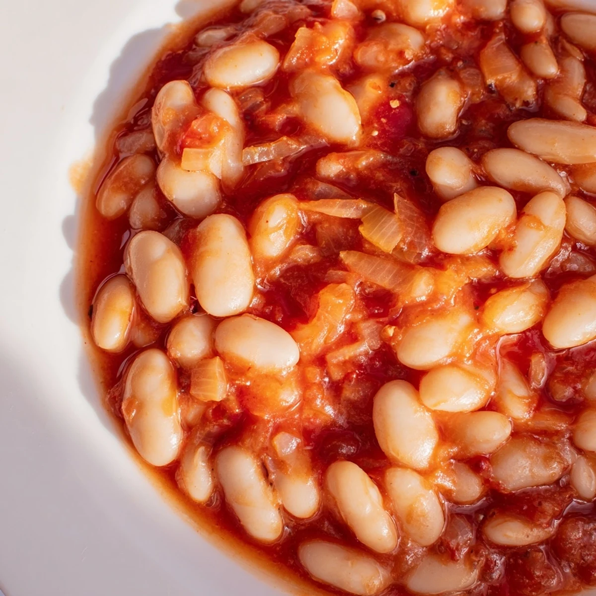 Baked Beans with Tomato Sauce bubbling in a rustic dish, topped with fresh thyme. 
