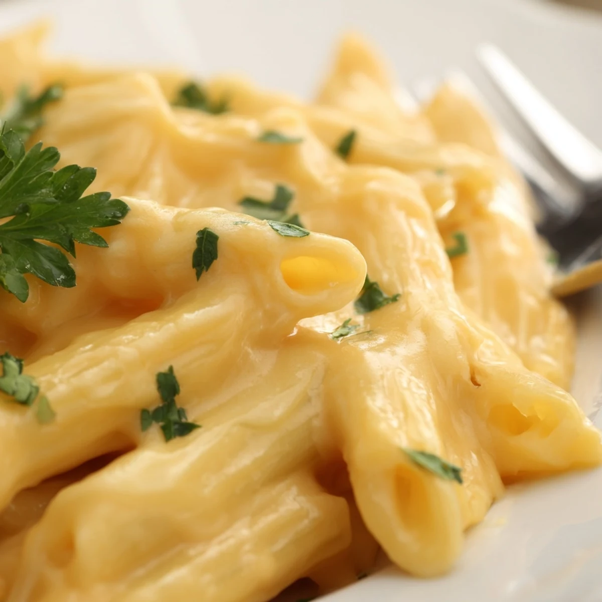Creamy Pasta with Cheese in a white bowl garnished with fresh parsley, paired with a crisp salad.