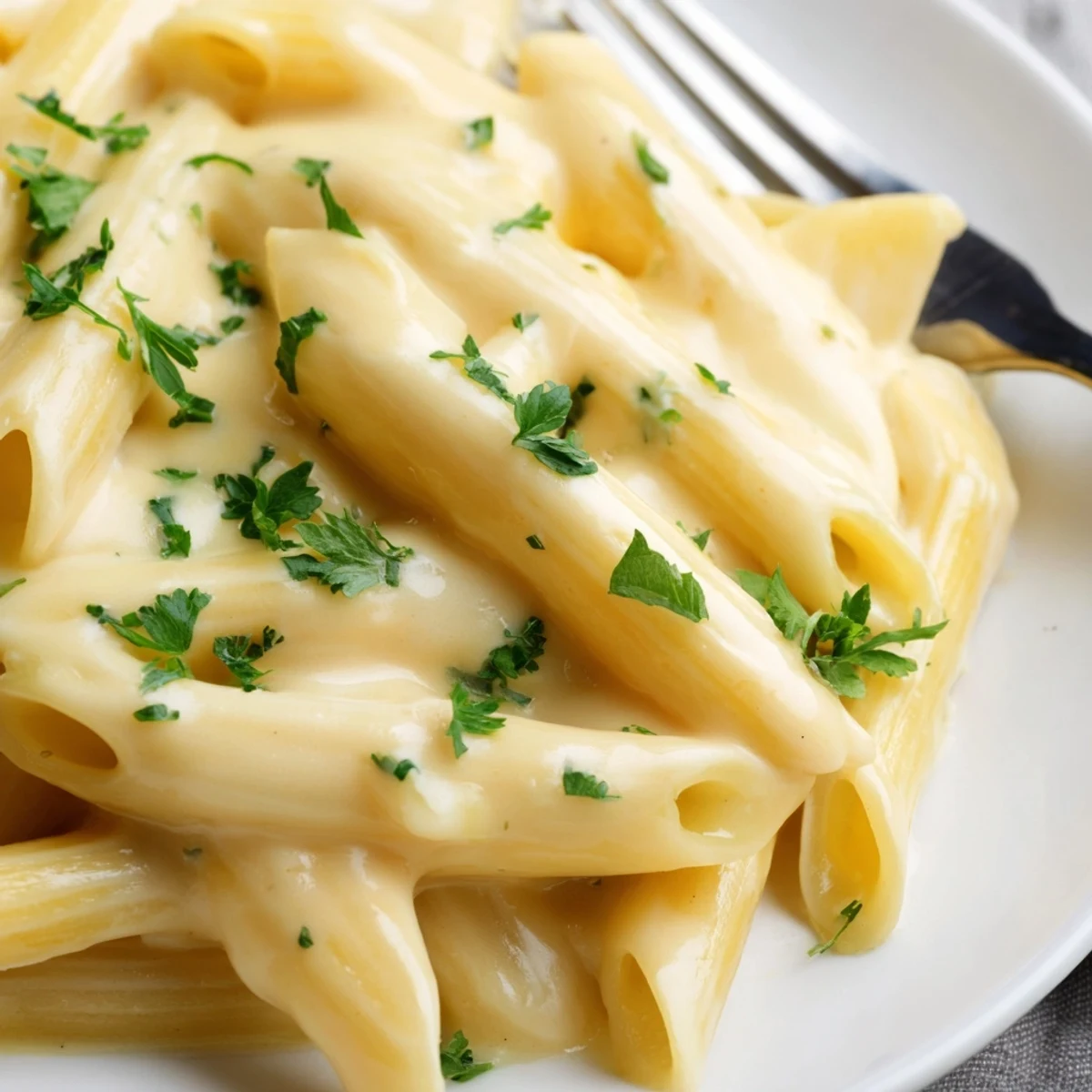 Steam rises from the cheesy pasta dish, highlighting the velvety cheddar sauce clinging to each penne.