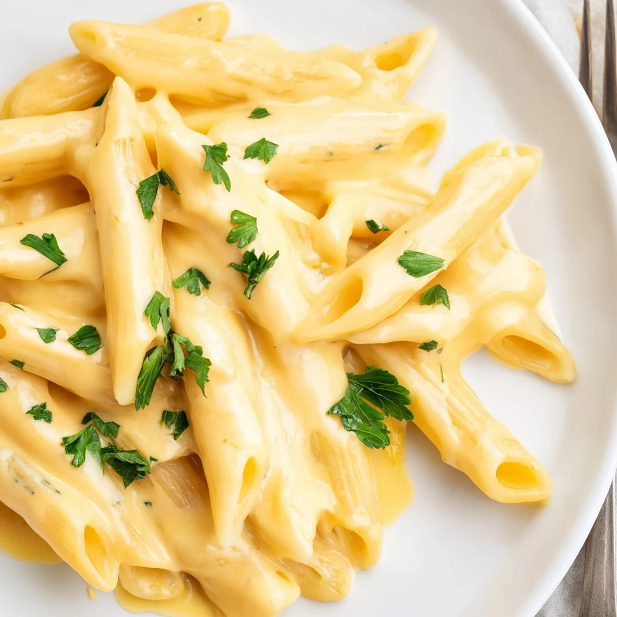 Easy weeknight Creamy Pasta with Cheese served with garlic bread on a rustic wooden table.