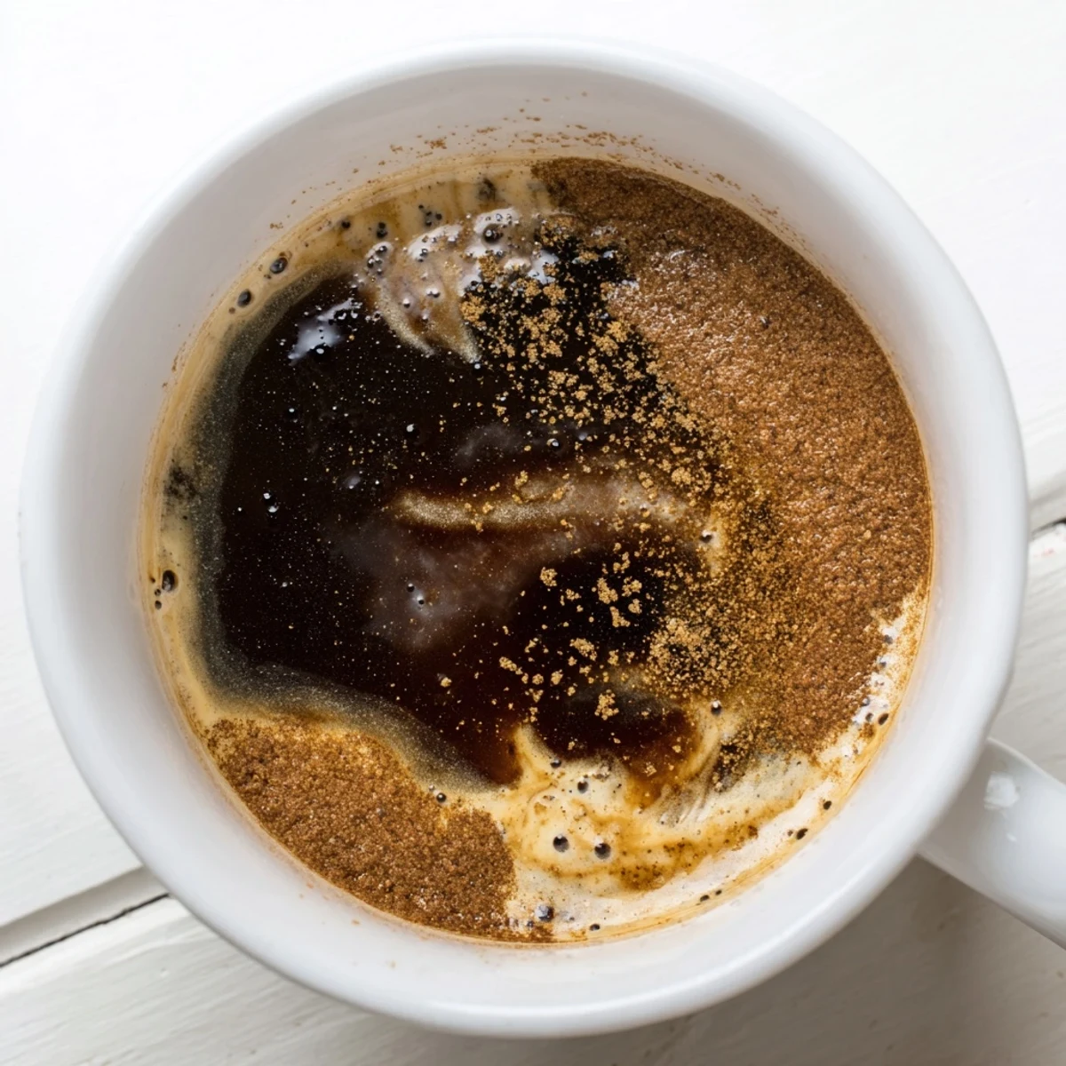A rich close-up of Spiced Coffee with Cinnamon, showing creamy milk swirls and a fragrant aromatic steam rising.
