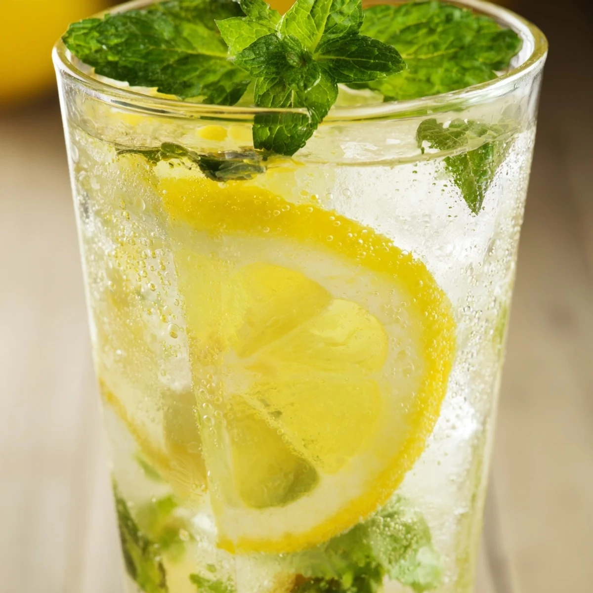 Homemade Lemon Juice with Sugar in a tall glass with ice cubes, a sprig of mint, and a lemon wedge on the rim.