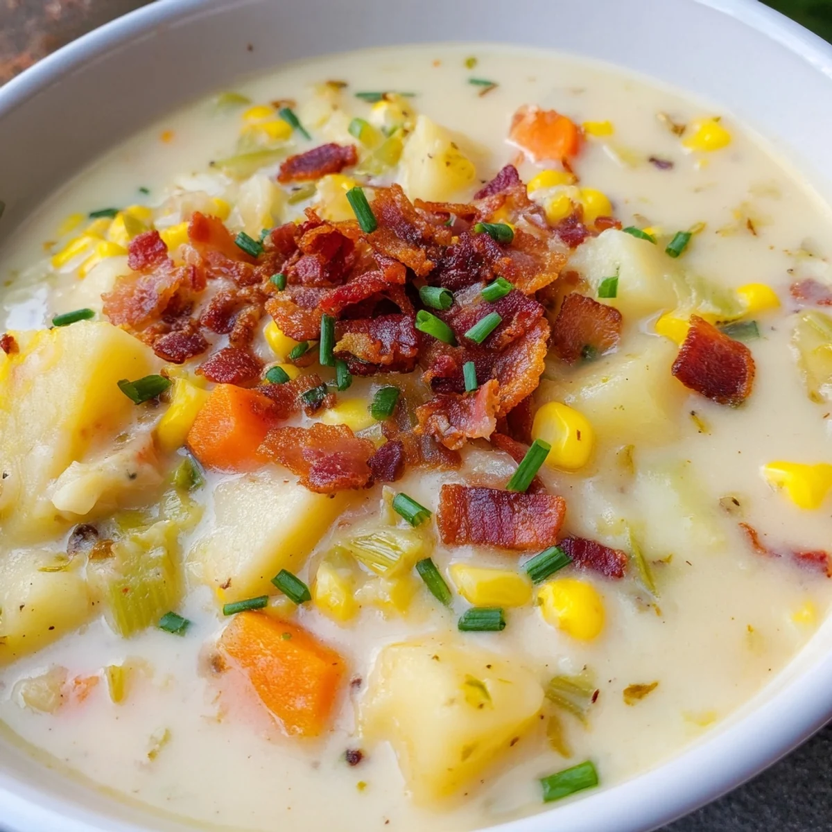 Creamy Corn Chowder with Turkey Bacon ladled into a rustic bowl, garnished with fresh chives and extra crispy bacon bits.