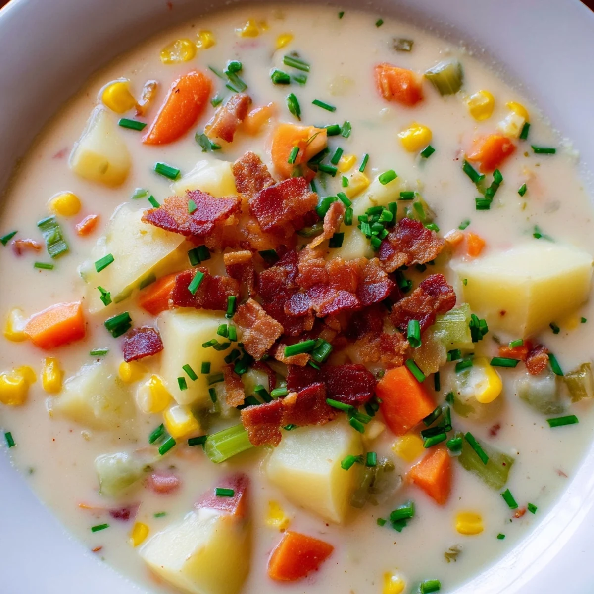 Steaming pot of Creamy Corn Chowder with Turkey Bacon, featuring tender potatoes, corn, and smoky turkey bacon crumbles.