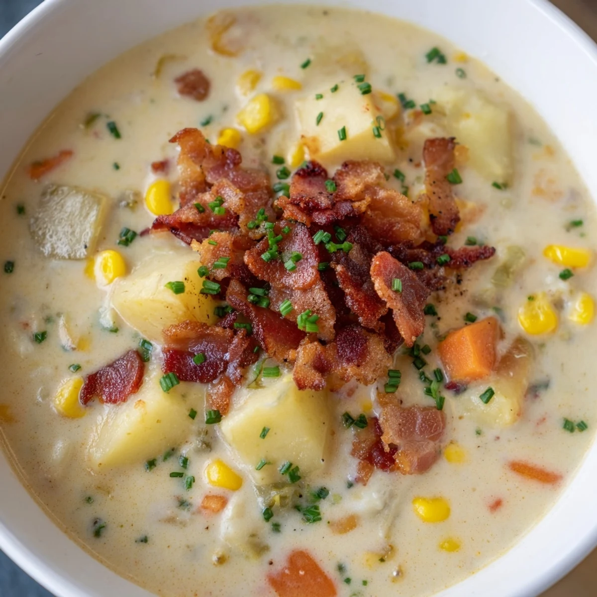 A comforting bowl of Creamy Corn Chowder with Turkey bacon, served with crusty gluten-free bread for dipping.