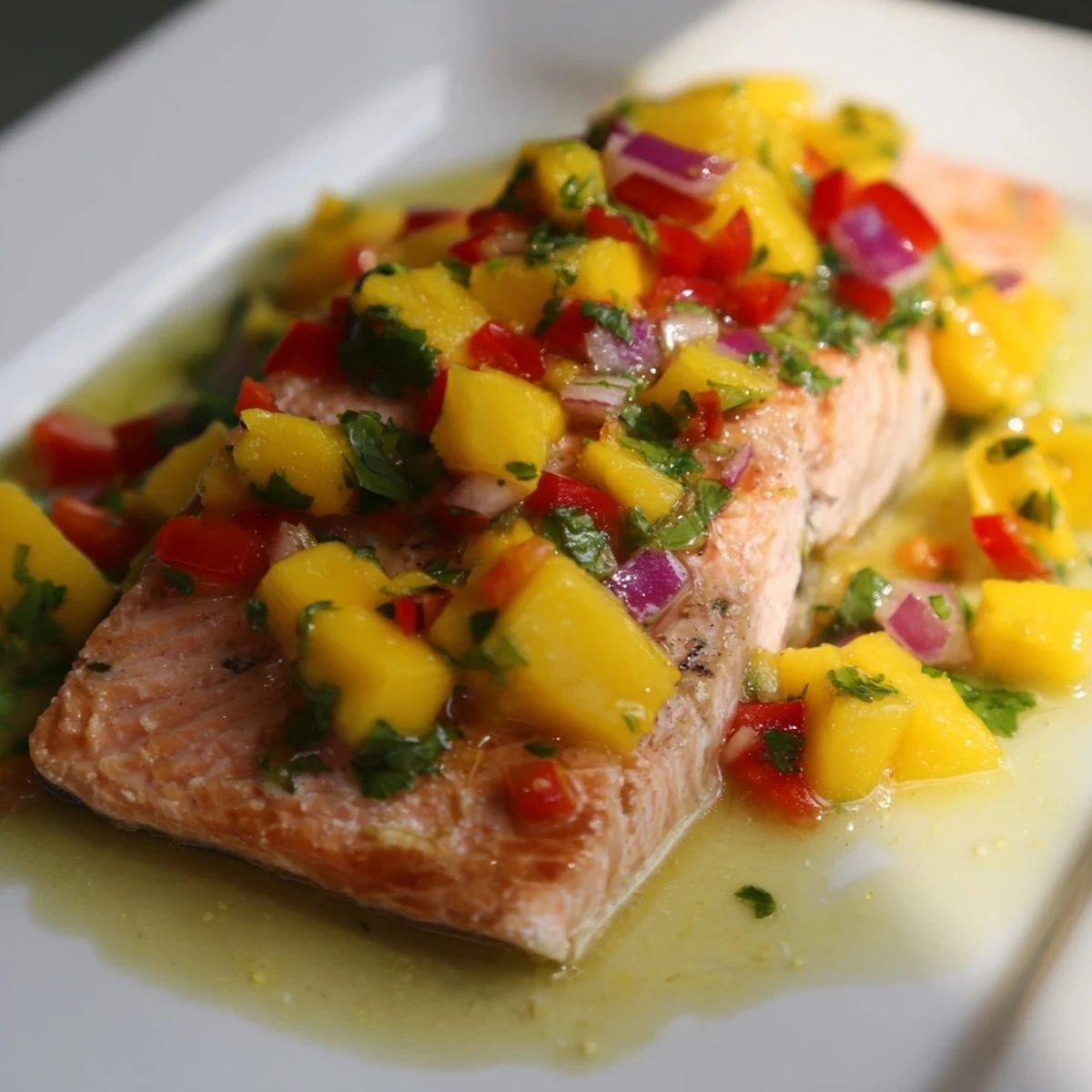 Golden-brown, flaky baked salmon fillets topped with vibrant mango salsa, red bell pepper, and cilantro on a white plate.