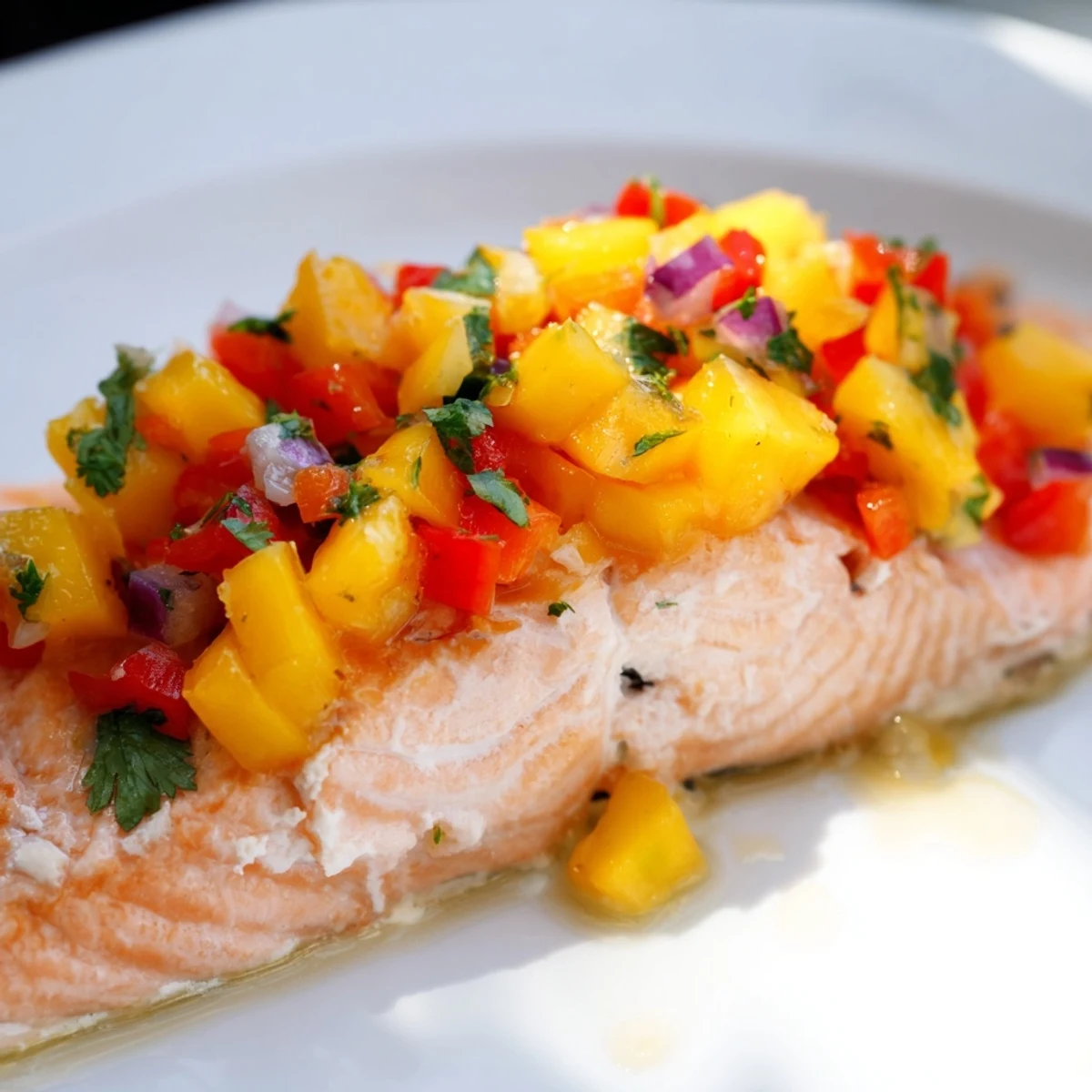 Close-up of tender, flaky baked salmon with zesty mango salsa, showing juicy mango chunks and fresh lime wedges on the side.