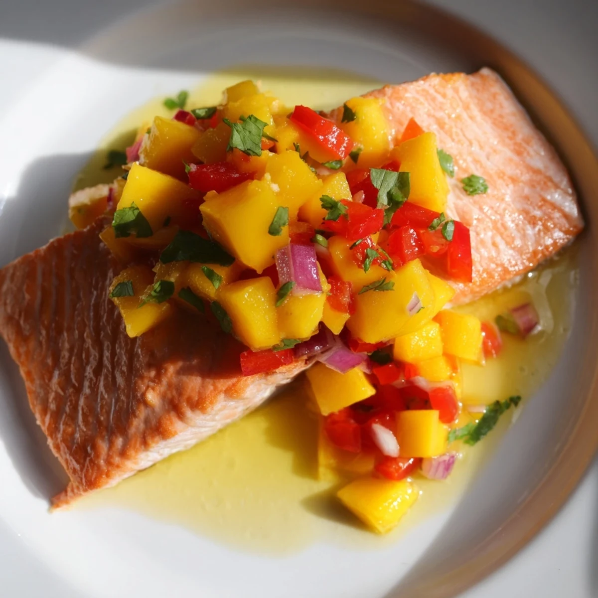 Brightly plated gluten-free baked salmon with mango salsa, garnished with cilantro, served alongside steamed rice for a healthy meal.