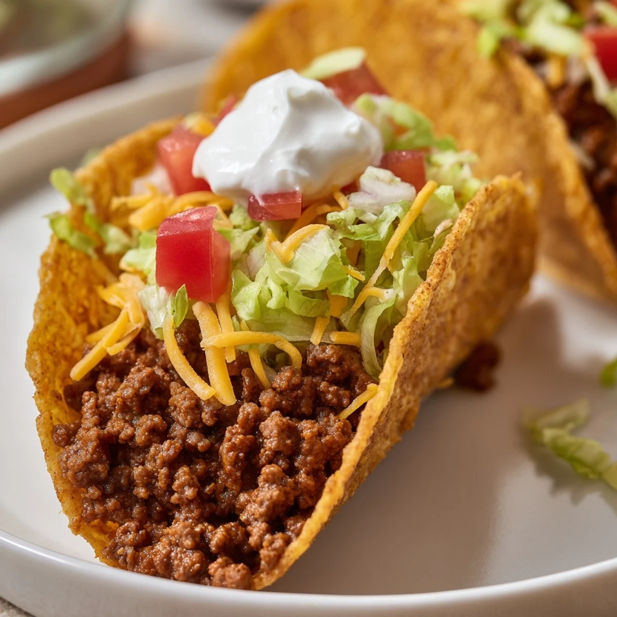 Crispy beef tacos topped with fresh lettuce, diced tomatoes, and a dollop of sour cream.