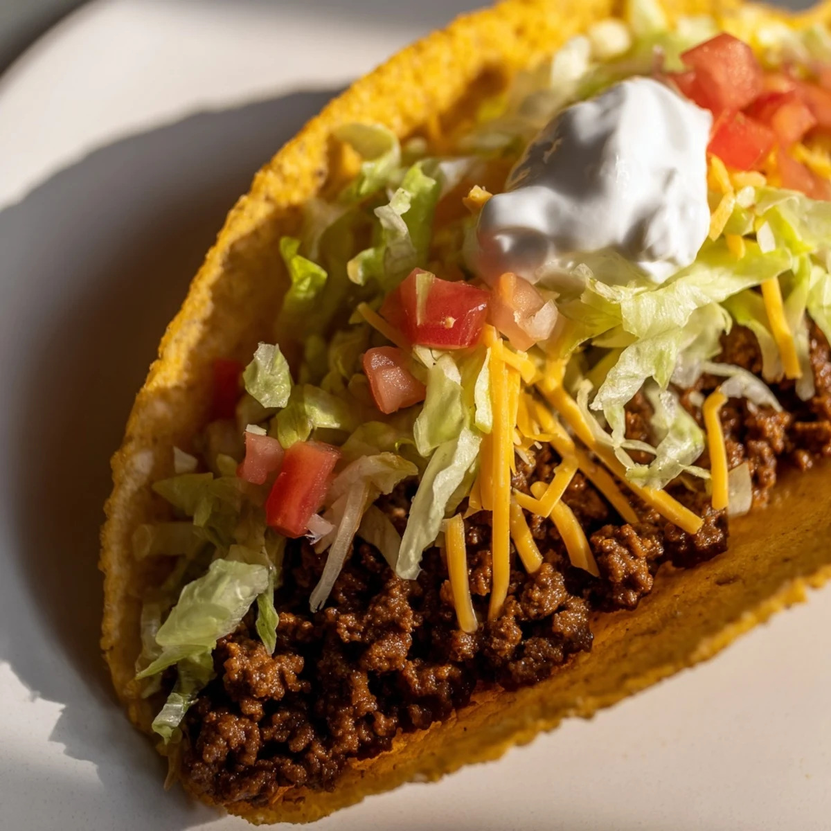 Golden beef filling and shredded cheese nestle inside crunchy taco shells ready to serve.
