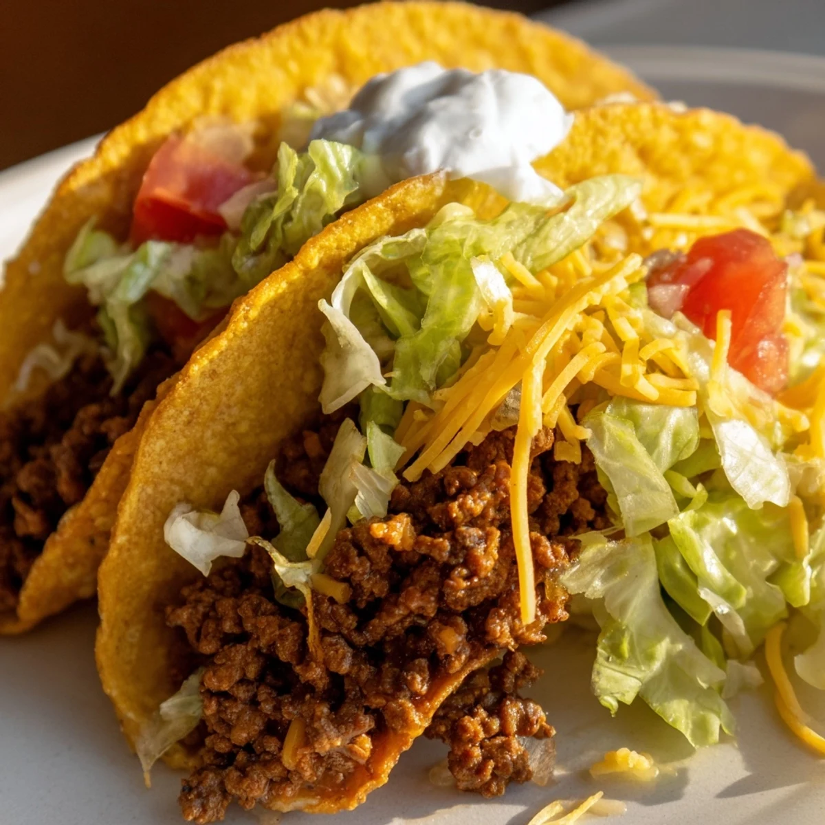 Sizzling seasoned ground beef topped with cooling sour cream in warm crispy taco shells.